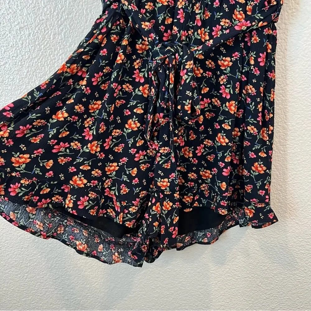 Lost + Wander Party Til Dawn Floral Romper ruffle hem black pink yellow